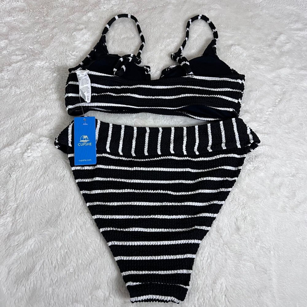 Cupshe Black White Striped Smocked Bikini Set High Waisted V-Notch Small NEW - Picture 6 of 15